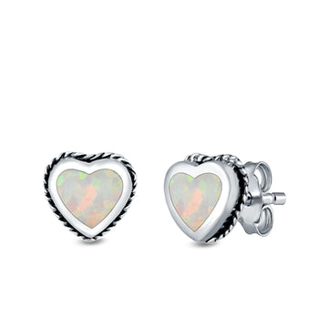 Heart Stud Earrings Lab Created White Opal 925 Sterling Silver (6mm)